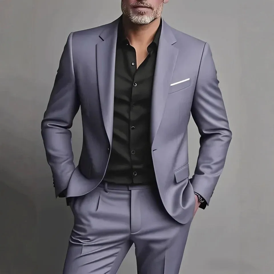 Men's slim fit two-piece cotton blend suit set in black, coat and trousers on hanger