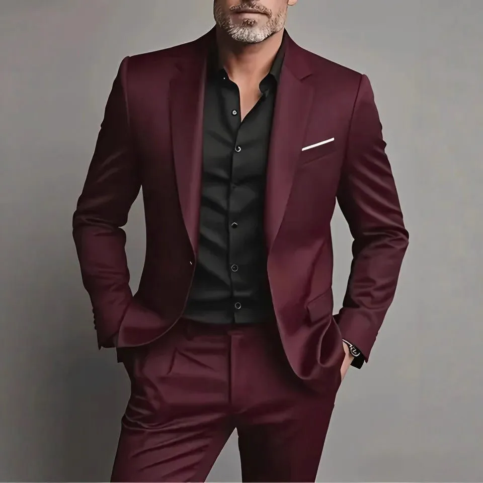 Men's slim fit two-piece cotton blend suit set in black, coat and trousers on hanger