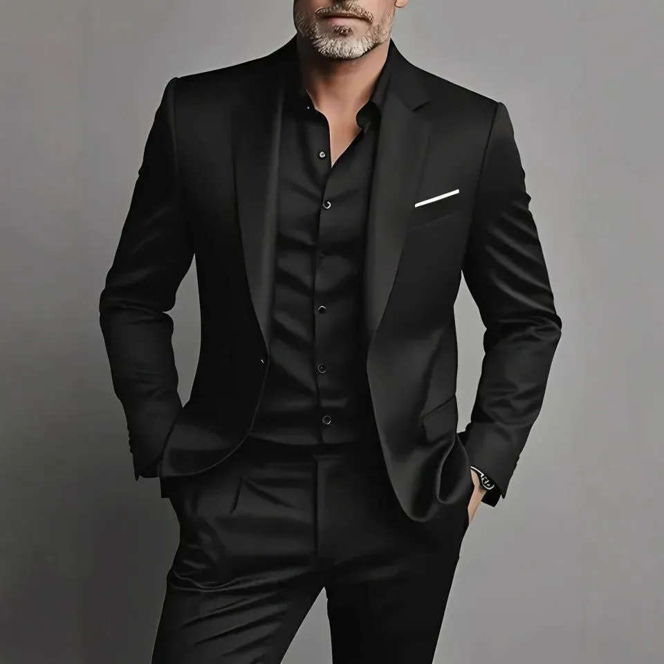 Men's slim fit two-piece cotton blend suit set in black, coat and trousers on hanger