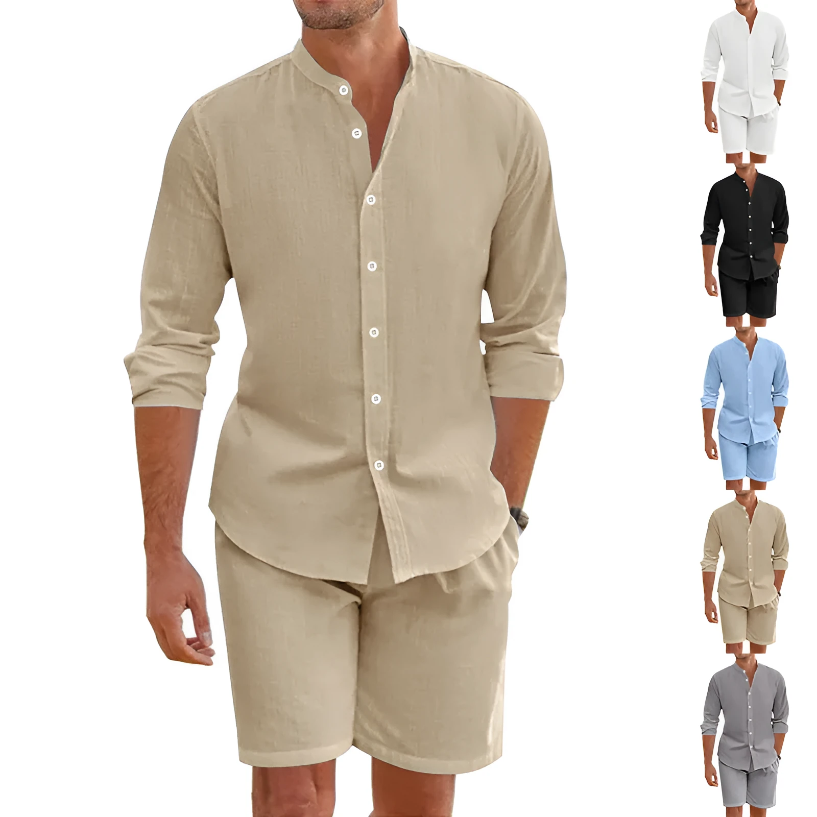 Men's dark grey linen blend summer suit with button-down short sleeve shirt and drawstring shorts.