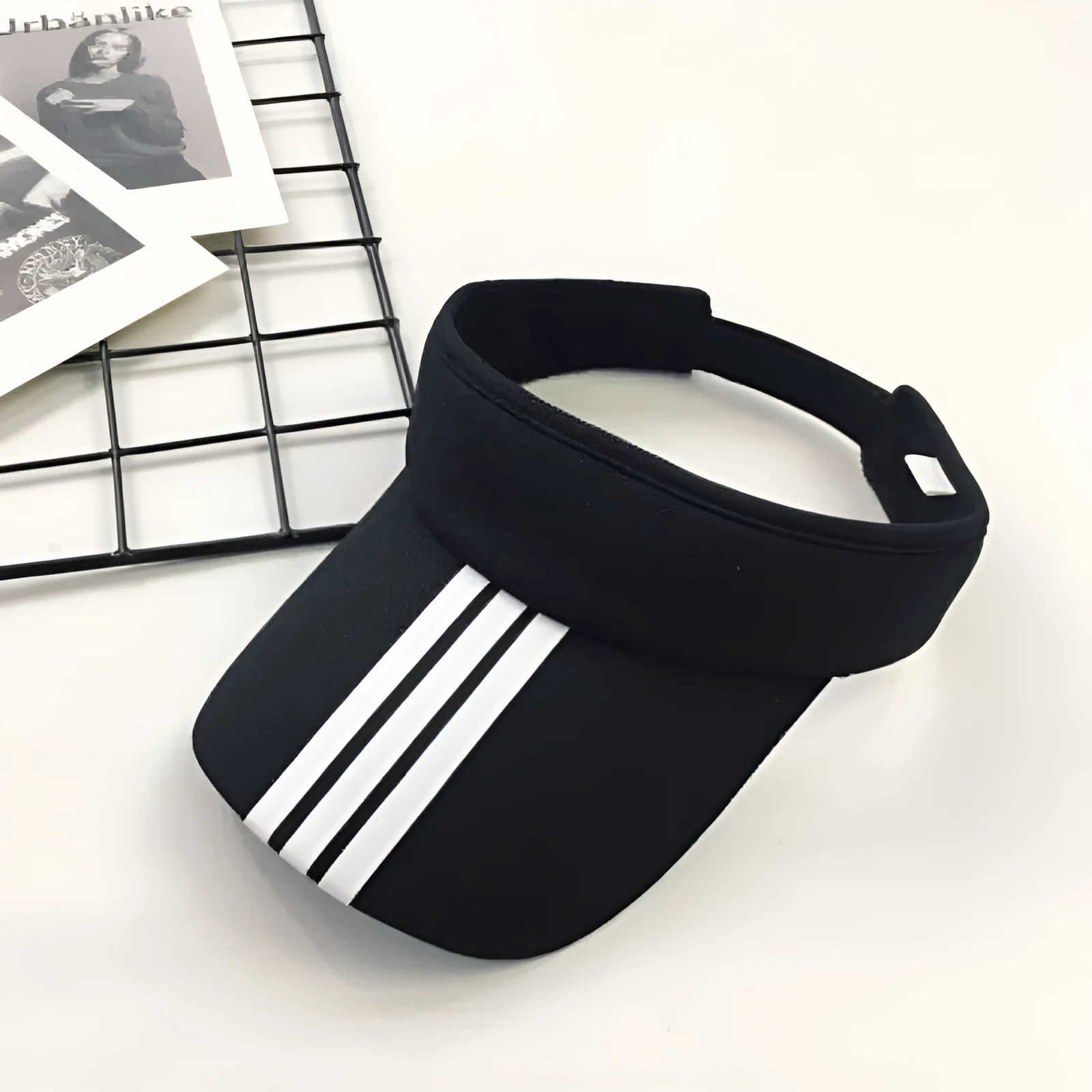 Striped wide brim sun visor beanie hat in khaki colour with no top design
