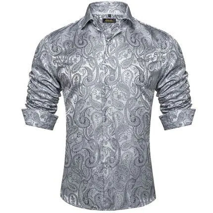Men's polo collar long sleeve button top shirt with floral pattern, four-sided elastic polyester fabric, Colour 8, front view