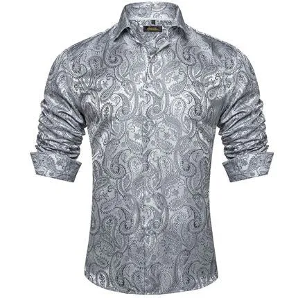 Men's polo collar long sleeve button top shirt with floral pattern, four-sided elastic polyester fabric, Colour 8, front view