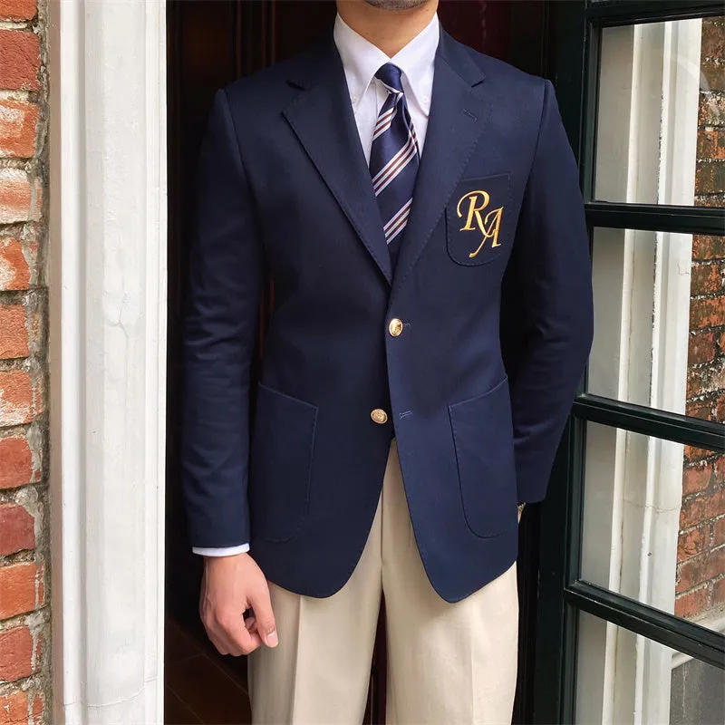 Men's dark blue suit jacket with flat lapel collar and two-button front on display