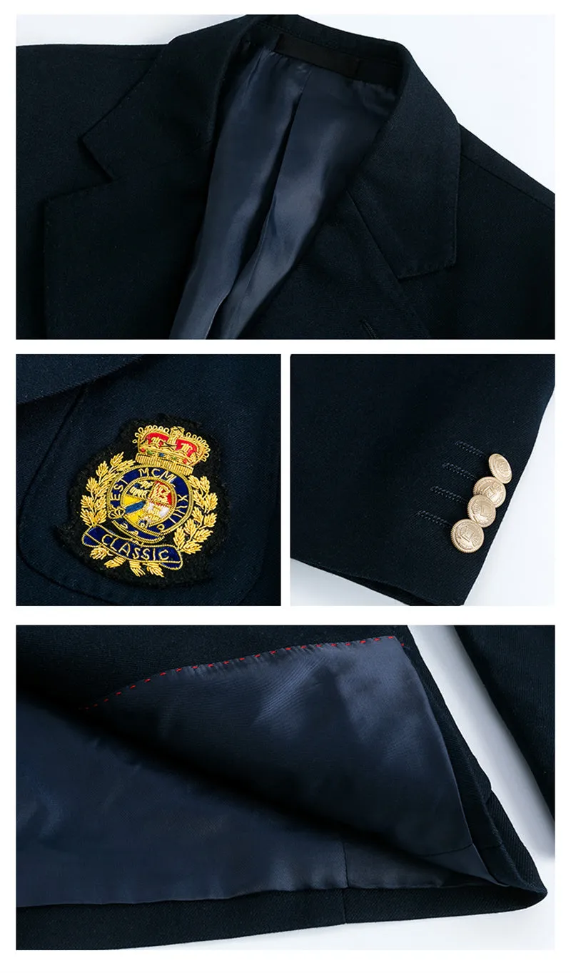 Men's dark blue suit jacket with flat lapel collar and two-button front on display