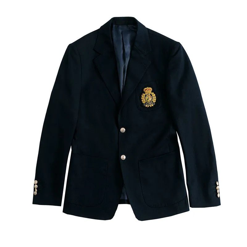 Men's dark blue suit jacket with flat lapel collar and two-button front on display