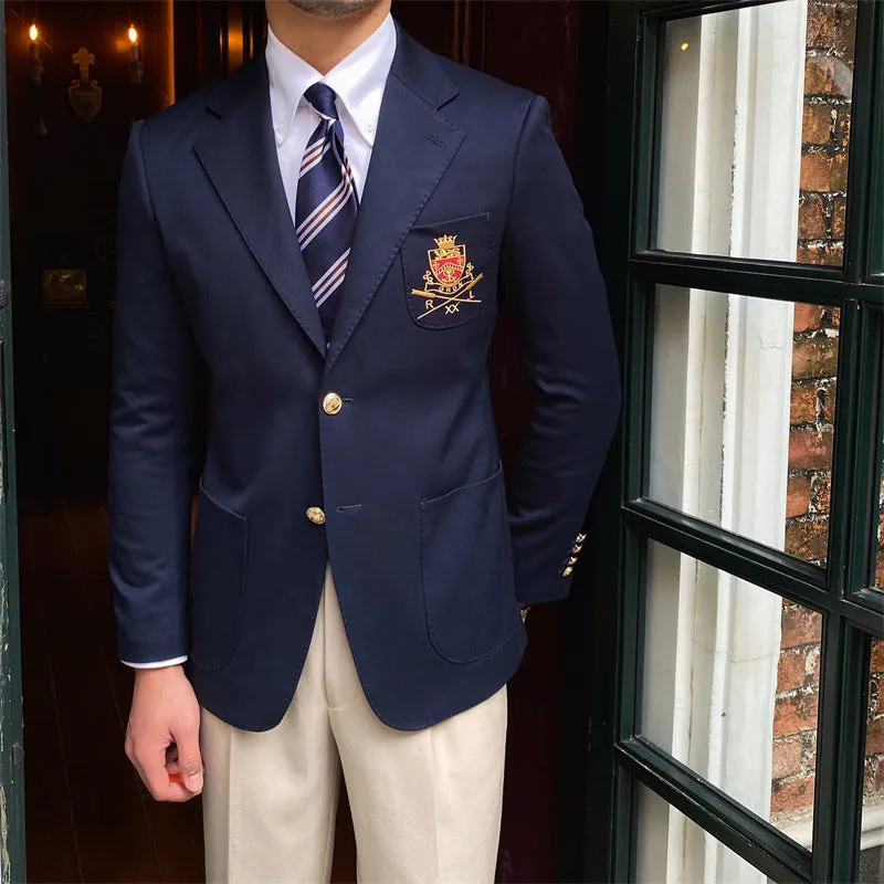 Men's dark blue suit jacket with flat lapel collar and two-button front on display