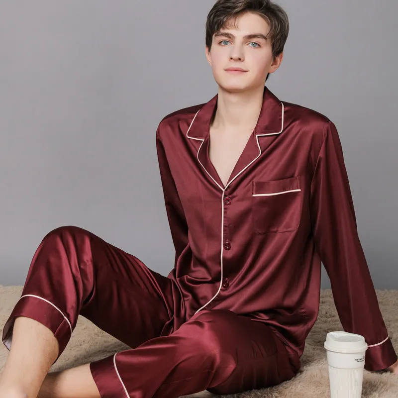 Polyester couple pajamas set in simple natural style spring autumn for women and men in burgundy colour