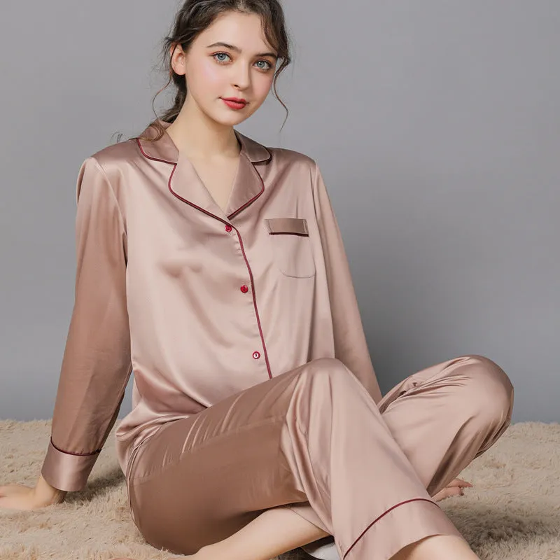 Polyester couple pajamas set in simple natural style spring autumn for women and men in burgundy colour