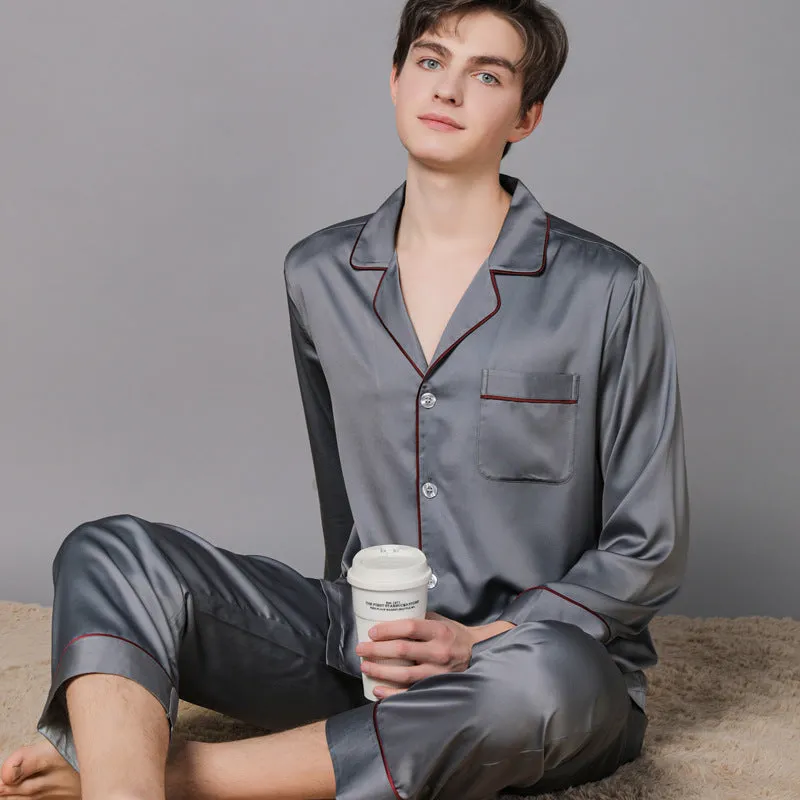 Polyester couple pajamas set in simple natural style spring autumn for women and men in burgundy colour