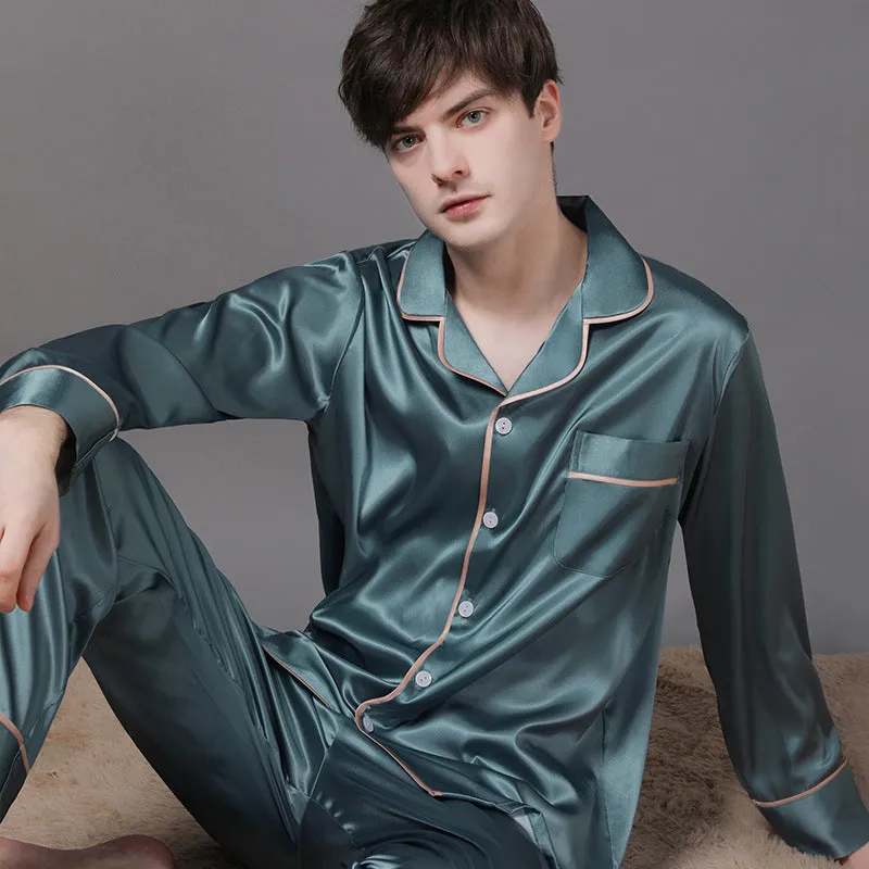 Polyester couple pajamas set in simple natural style spring autumn for women and men in burgundy colour