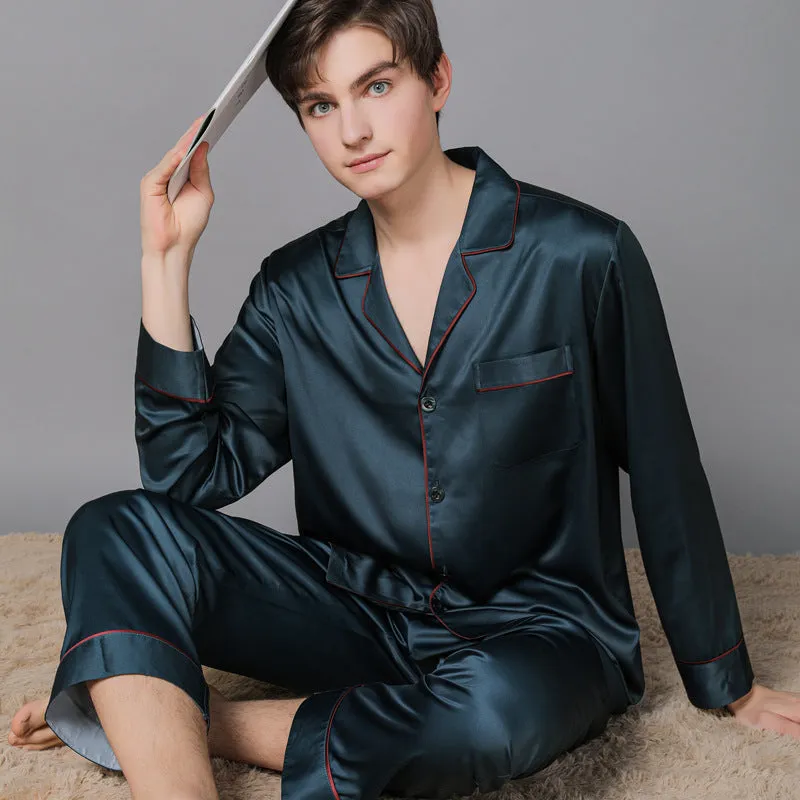 Polyester couple pajamas set in simple natural style spring autumn for women and men in burgundy colour