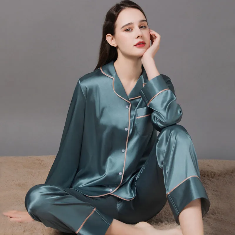 Polyester couple pajamas set in simple natural style spring autumn for women and men in burgundy colour