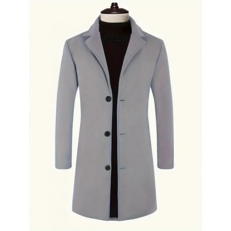 Men's loose fit solid colour trench coat in khaki, mid-length polyester outerwear with side seam pockets