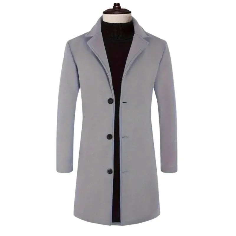 Men's loose fit solid colour trench coat in khaki, mid-length polyester outerwear with side seam pockets