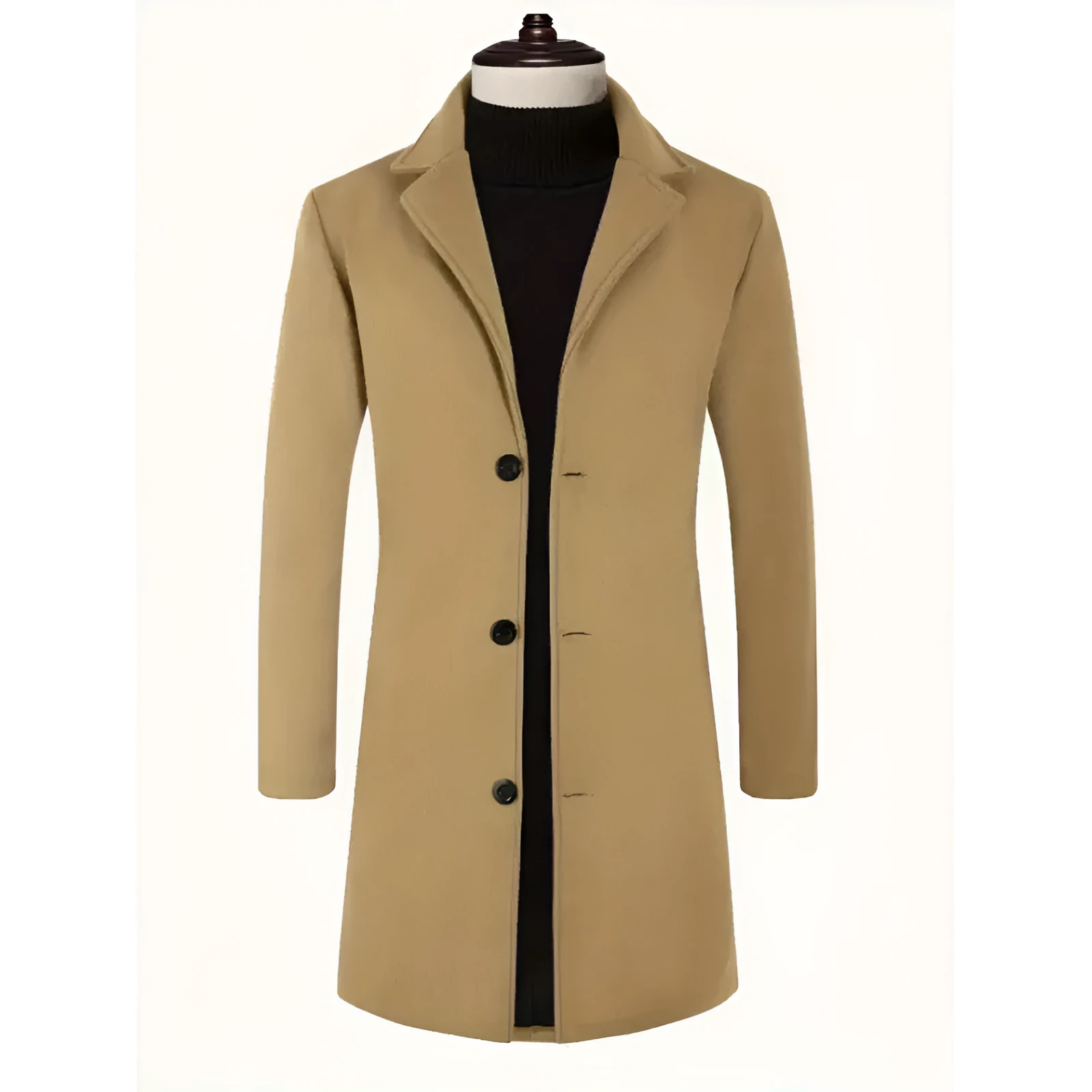 Men's loose fit solid colour trench coat in khaki, mid-length polyester outerwear with side seam pockets