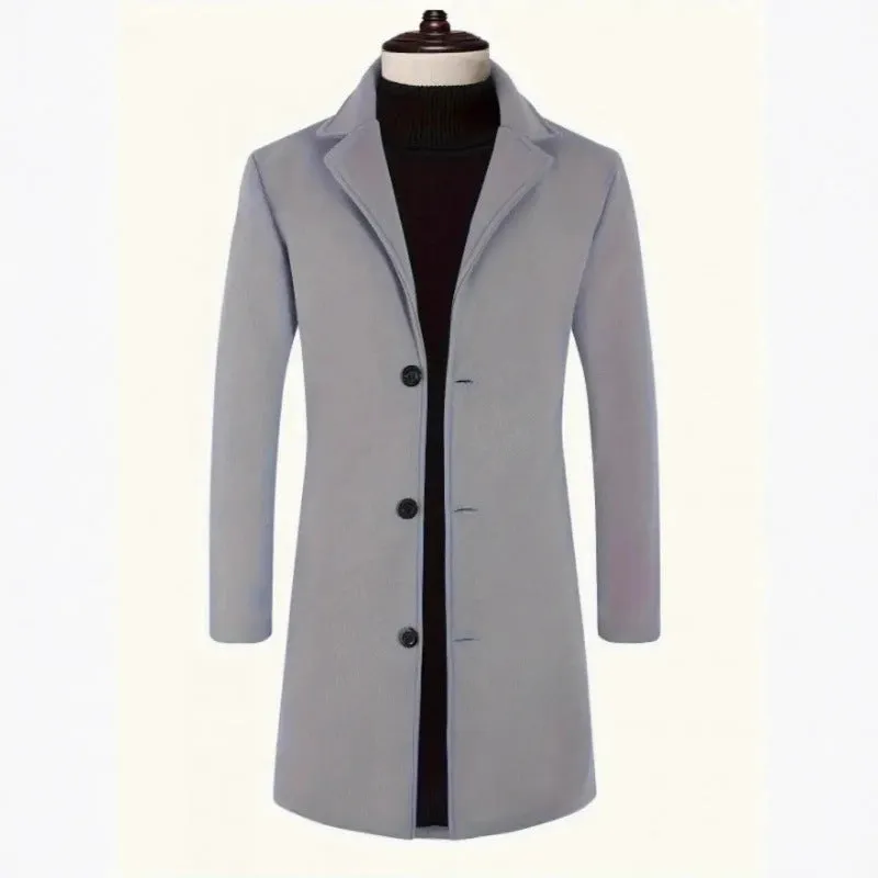 Men's loose fit solid colour trench coat in khaki, mid-length polyester outerwear with side seam pockets