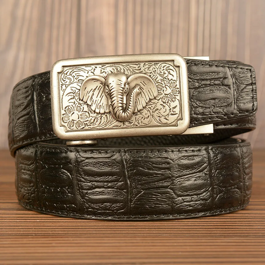 Men's automatic buckle belt, cowhide leather, black alligator pattern, gold alloy buckle, 110-125cm length