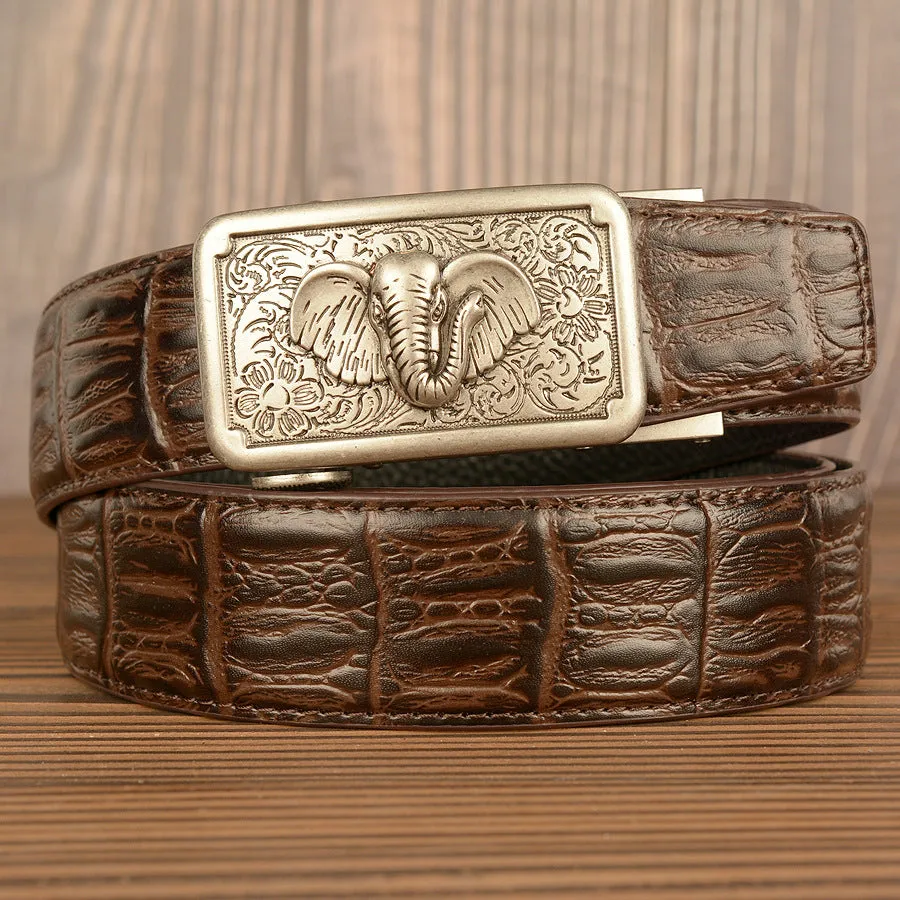 Men's automatic buckle belt, cowhide leather, black alligator pattern, gold alloy buckle, 110-125cm length