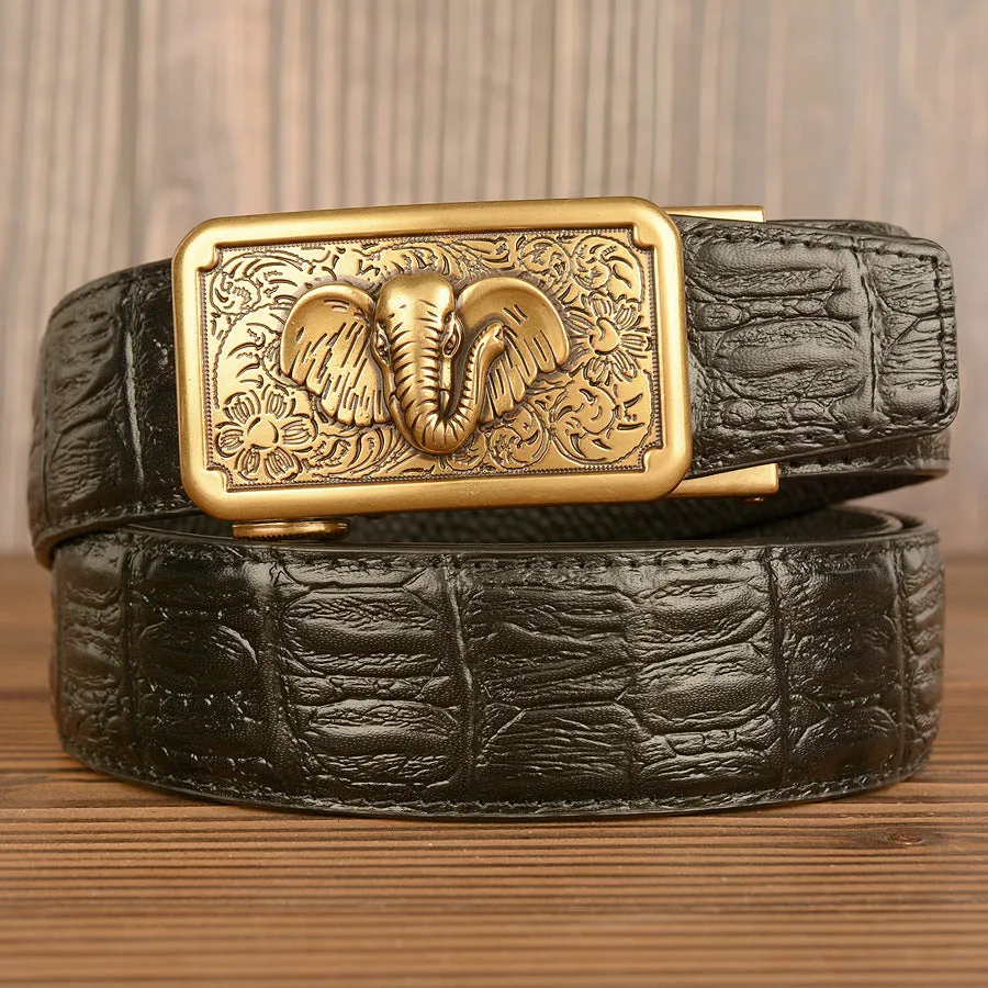 Men's automatic buckle belt, cowhide leather, black alligator pattern, gold alloy buckle, 110-125cm length