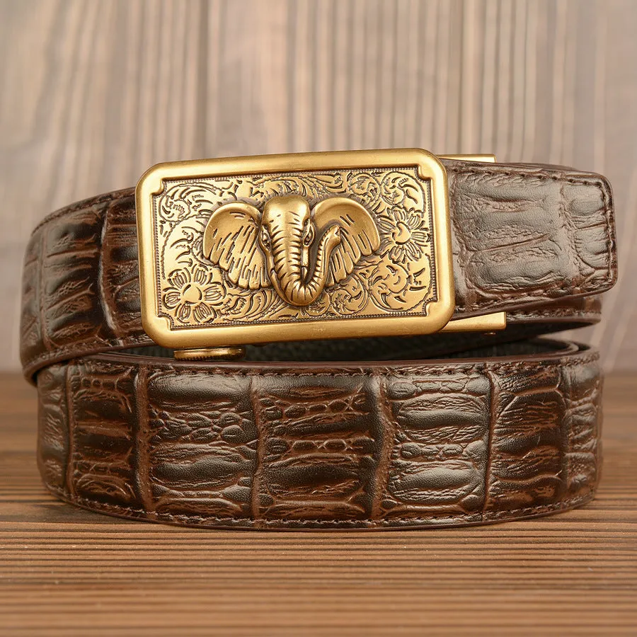Men's automatic buckle belt, cowhide leather, black alligator pattern, gold alloy buckle, 110-125cm length