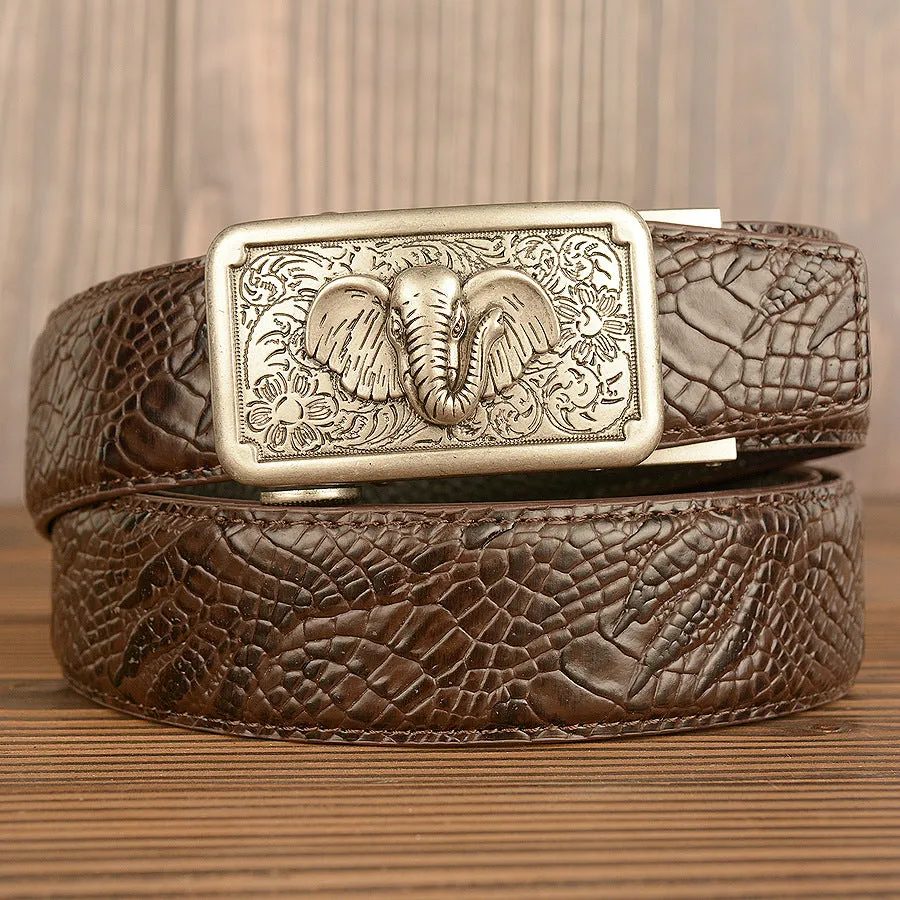 Men's automatic buckle belt, cowhide leather, black alligator pattern, gold alloy buckle, 110-125cm length