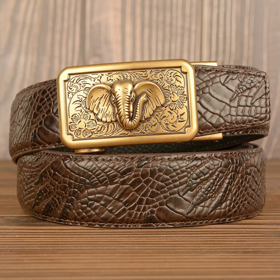Men's automatic buckle belt, cowhide leather, black alligator pattern, gold alloy buckle, 110-125cm length