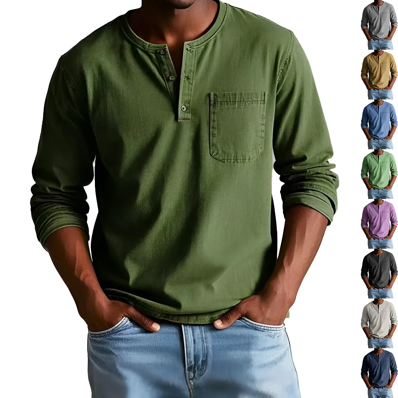 Men's V-neck long-sleeved t-shirt with button design in solid colour, front view showing polyester fibre fabric