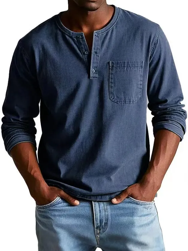 Men's V-neck long-sleeved t-shirt with button design in solid colour, front view showing polyester fibre fabric