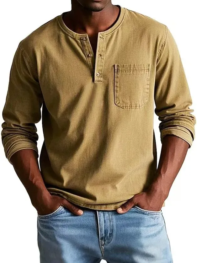 Men's V-neck long-sleeved t-shirt with button design in solid colour, front view showing polyester fibre fabric