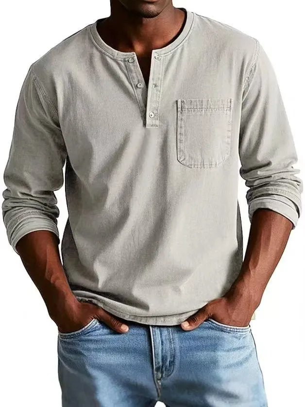 Men's V-neck long-sleeved t-shirt with button design in solid colour, front view showing polyester fibre fabric