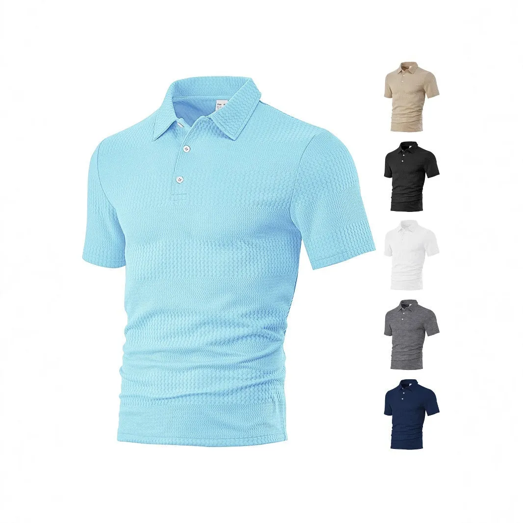 Men's loose casual lapel jacquard short sleeve shirt in grid pattern, polyester fabric, available in multiple colours