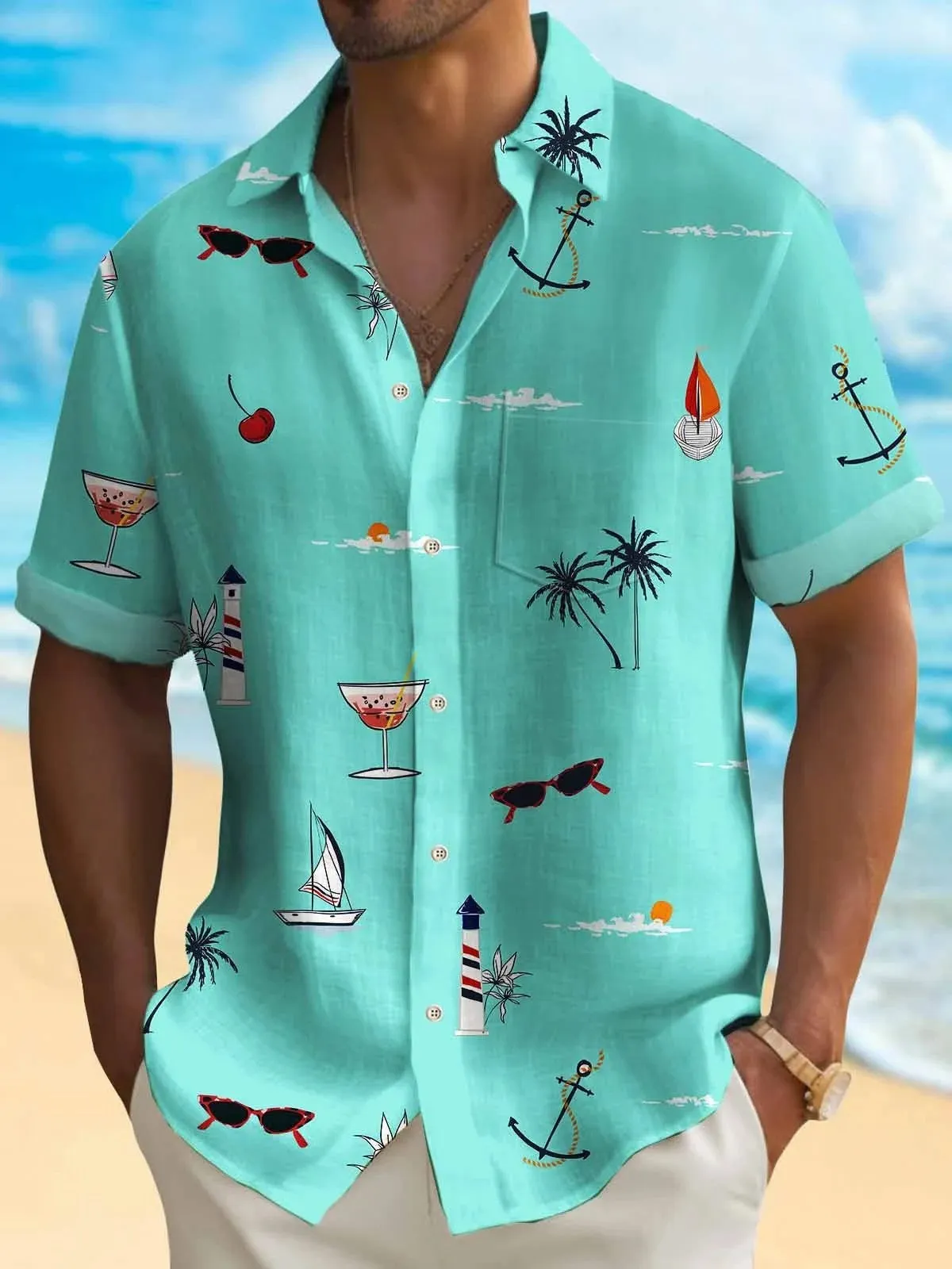 Man wearing a loose-fit Hawaiian shirt with a digital printed pattern, short sleeves.
