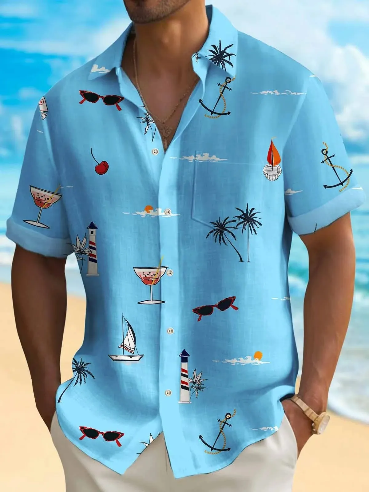 Man wearing a loose-fit Hawaiian shirt with a digital printed pattern, short sleeves.