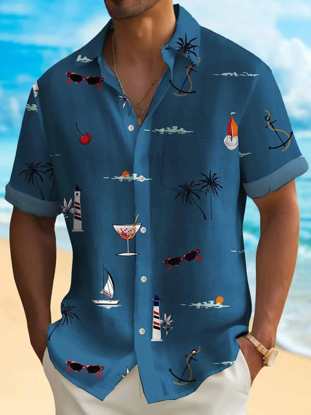 Man wearing a loose-fit Hawaiian shirt with a digital printed pattern, short sleeves.