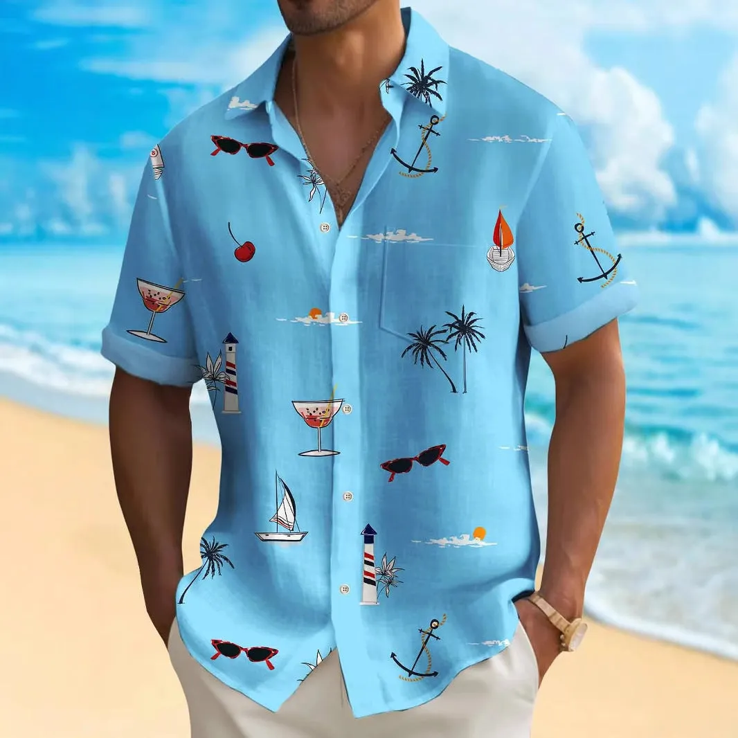 Man wearing a loose-fit Hawaiian shirt with a digital printed pattern, short sleeves.