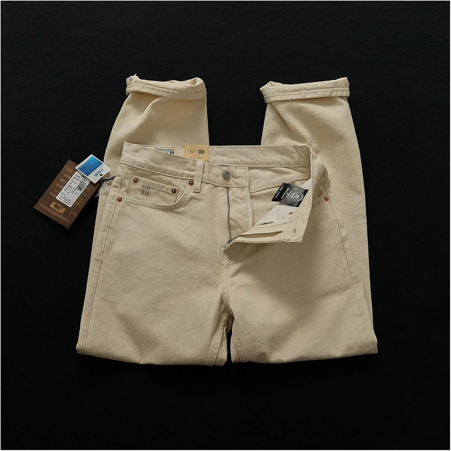 Men's casual straight-leg cotton trousers in original embryo colour, washed finish, sizes 28-38