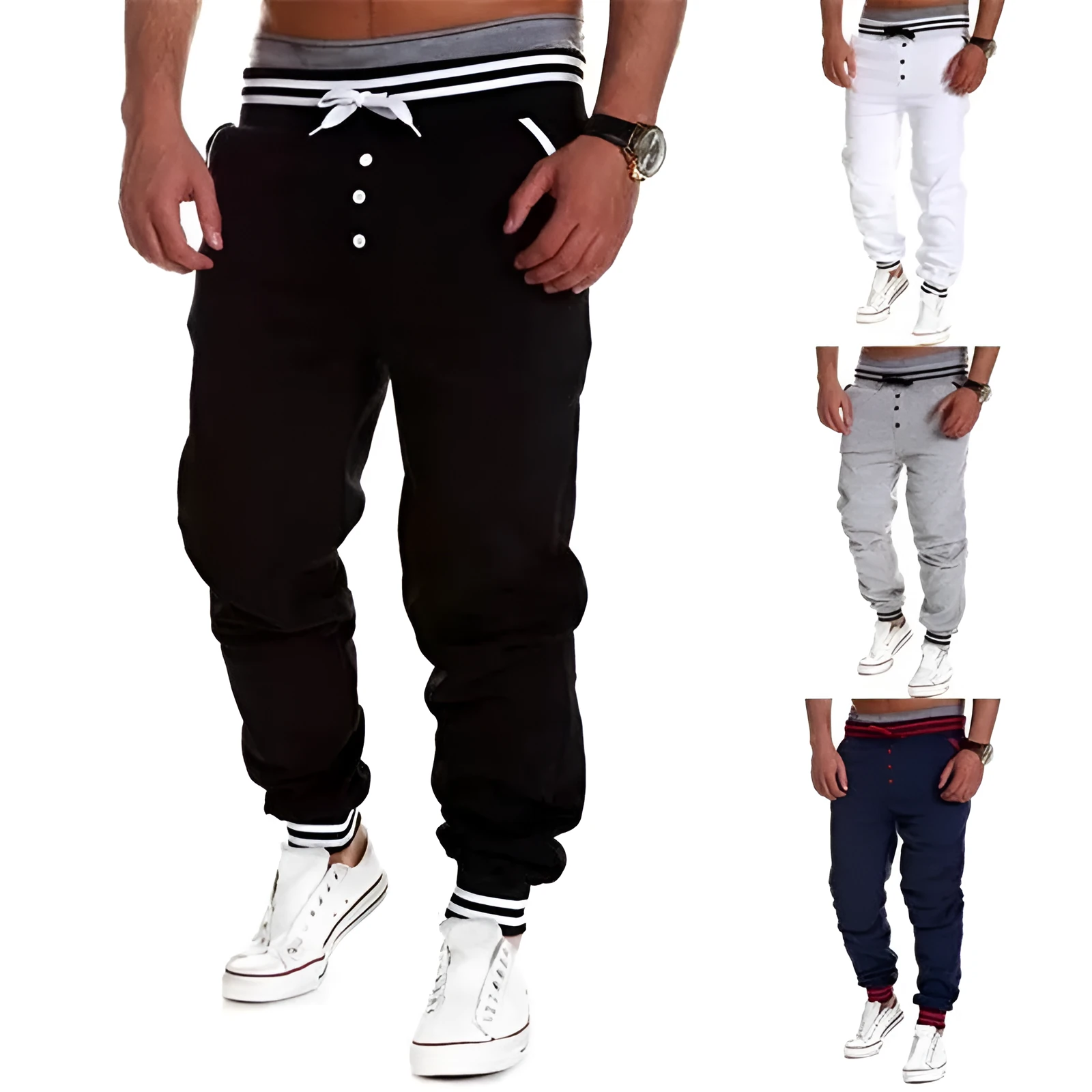 Casual skinny jogging sweatpants for men in black with elastic waistband, size M to XXL