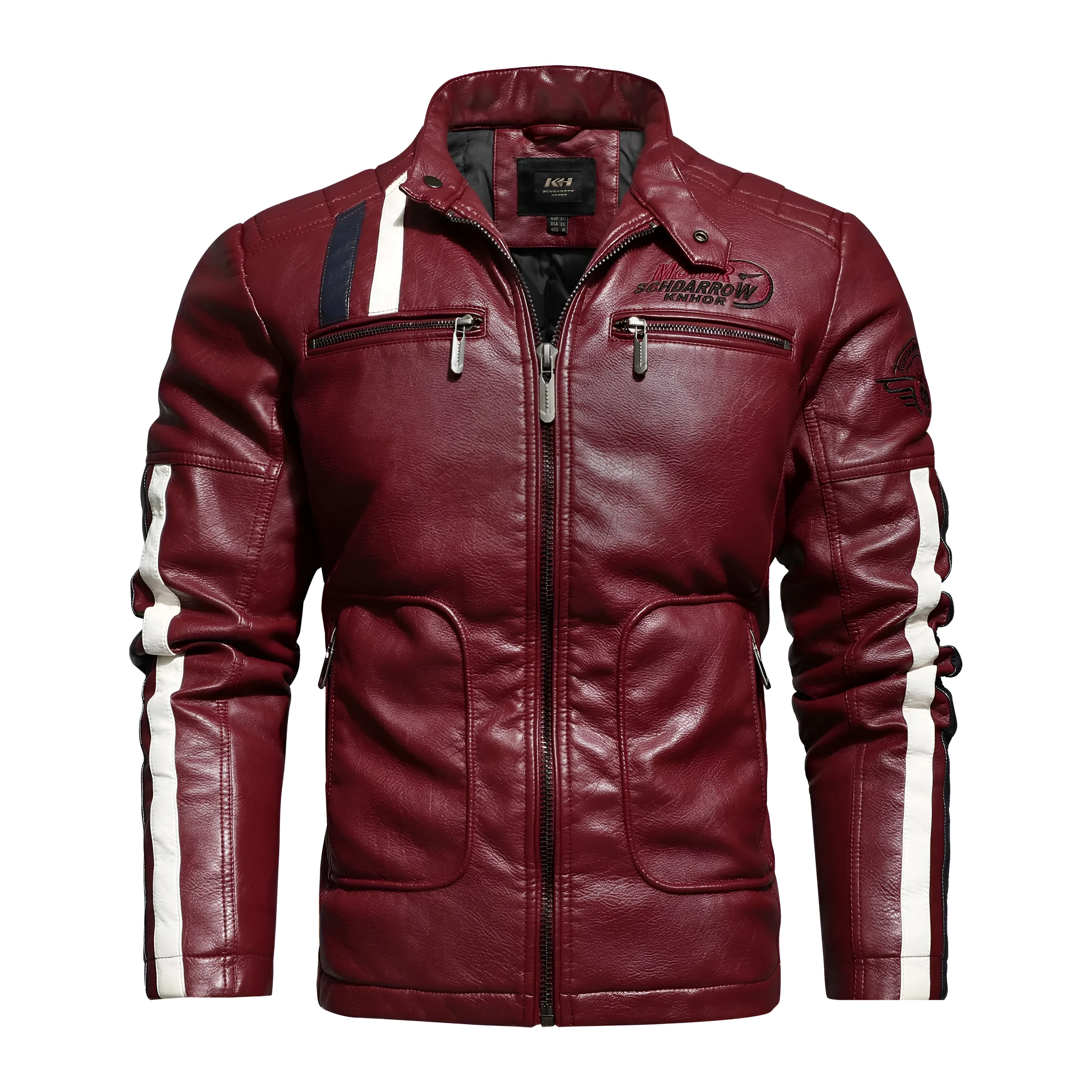 Men's PU leather motorcycle jacket with washed cotton lining in rock style, black colour, front view