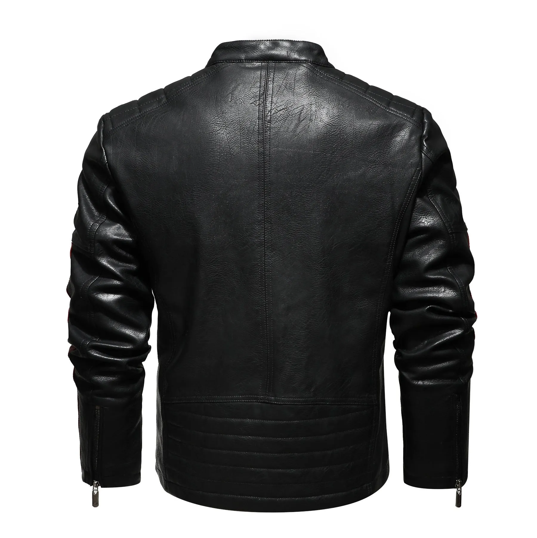 Men's PU leather motorcycle jacket with washed cotton lining in rock style, black colour, front view