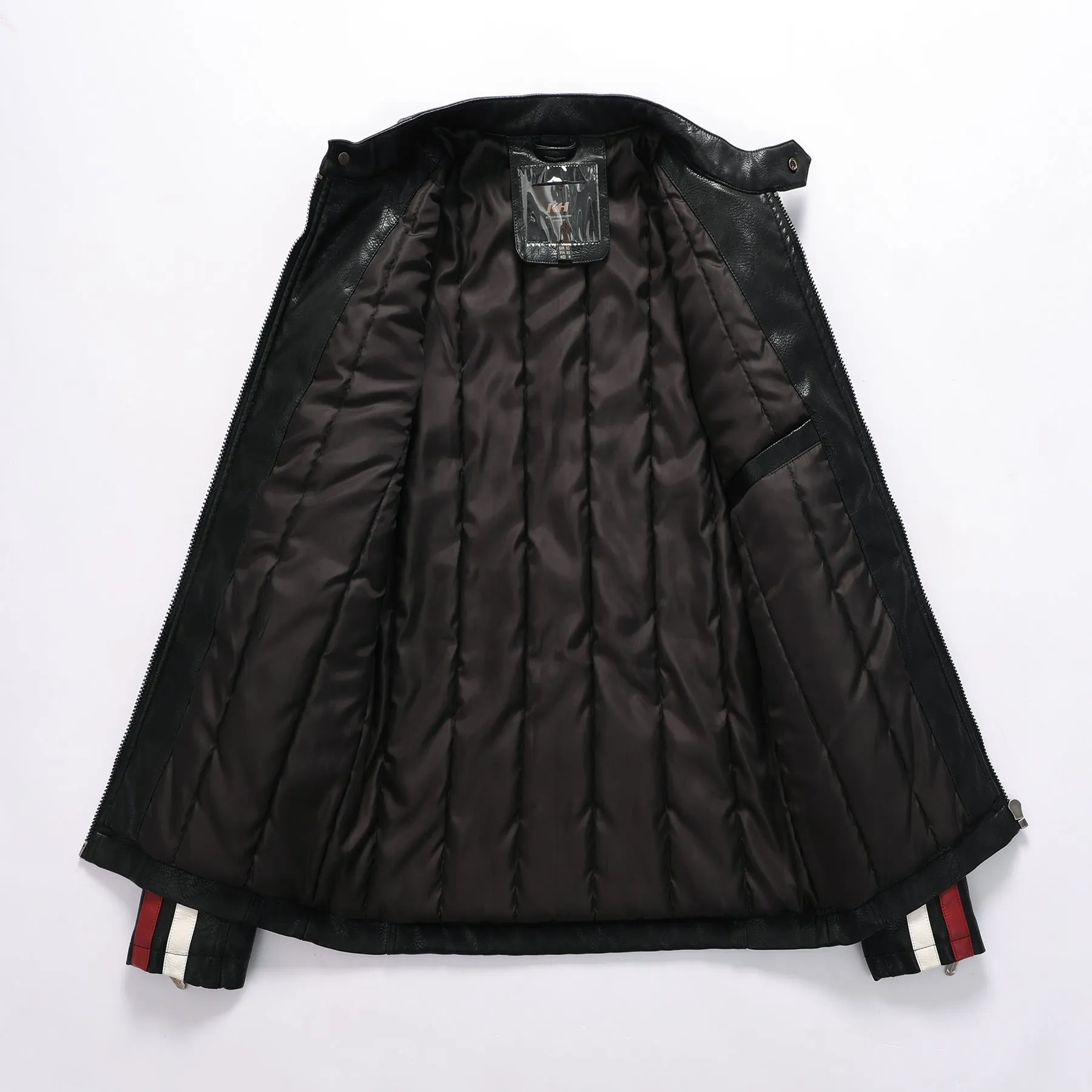 Men's PU leather motorcycle jacket with washed cotton lining in rock style, black colour, front view