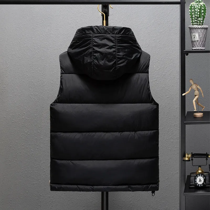 Men's black polyester vest jacket with zip front, regular length 50cm, shown on a hanger.