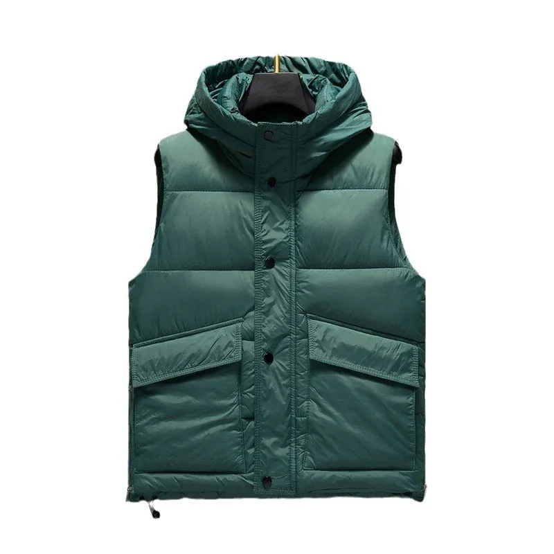 Men's black polyester vest jacket with zip front, regular length 50cm, shown on a hanger.