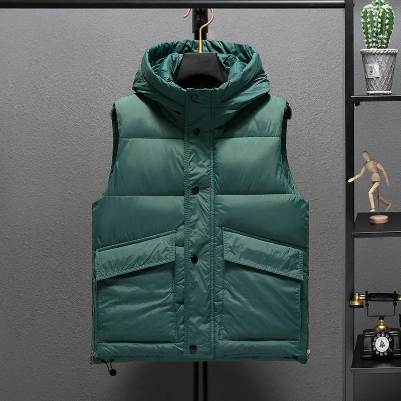 Men's black polyester vest jacket with zip front, regular length 50cm, shown on a hanger.