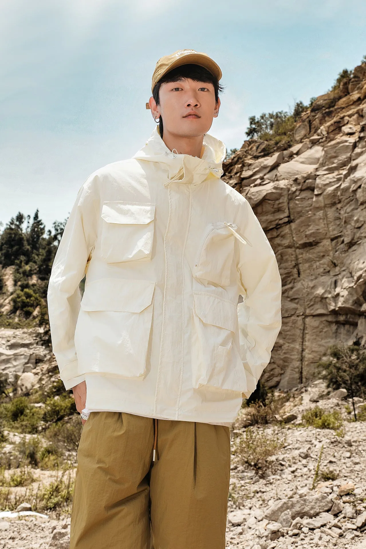 Korean style synthetic fibre blend teen jacket with 3D patch pocket in black, green, beige options, sizes S to 3XL