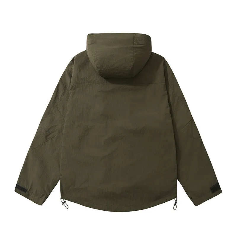 Korean style synthetic fibre blend teen jacket with 3D patch pocket in black, green, beige options, sizes S to 3XL