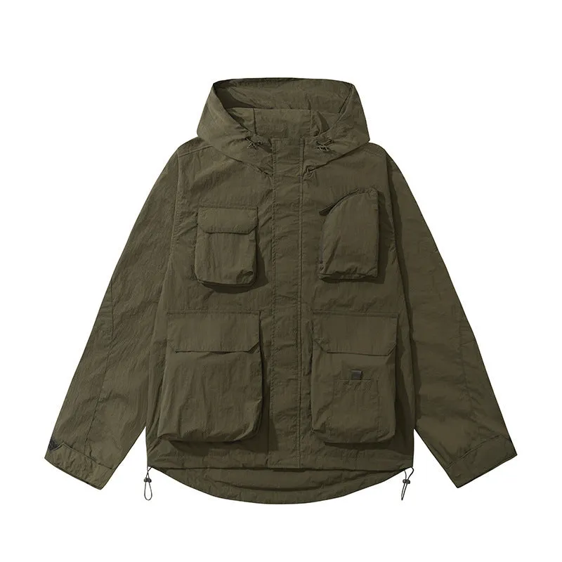 Korean style synthetic fibre blend teen jacket with 3D patch pocket in black, green, beige options, sizes S to 3XL