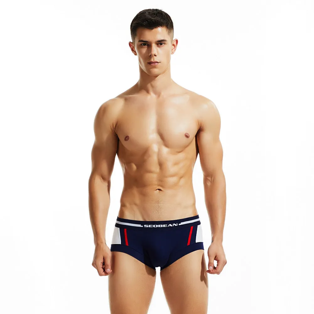 Men's cotton low-waist boxer briefs in red, dark blue, light grey colours showing hip-lift design