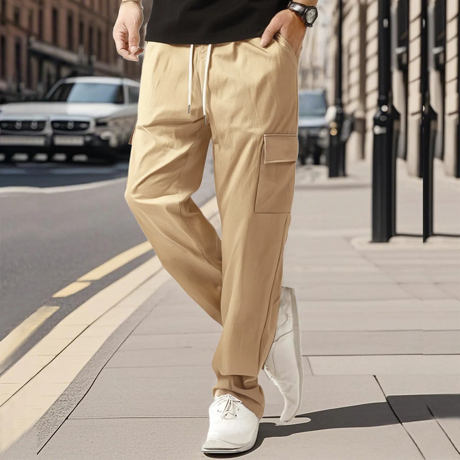Men's loose straight leg cargo trousers in solid colour, quick-drying polyester blend, available in black white khaki light blue gray