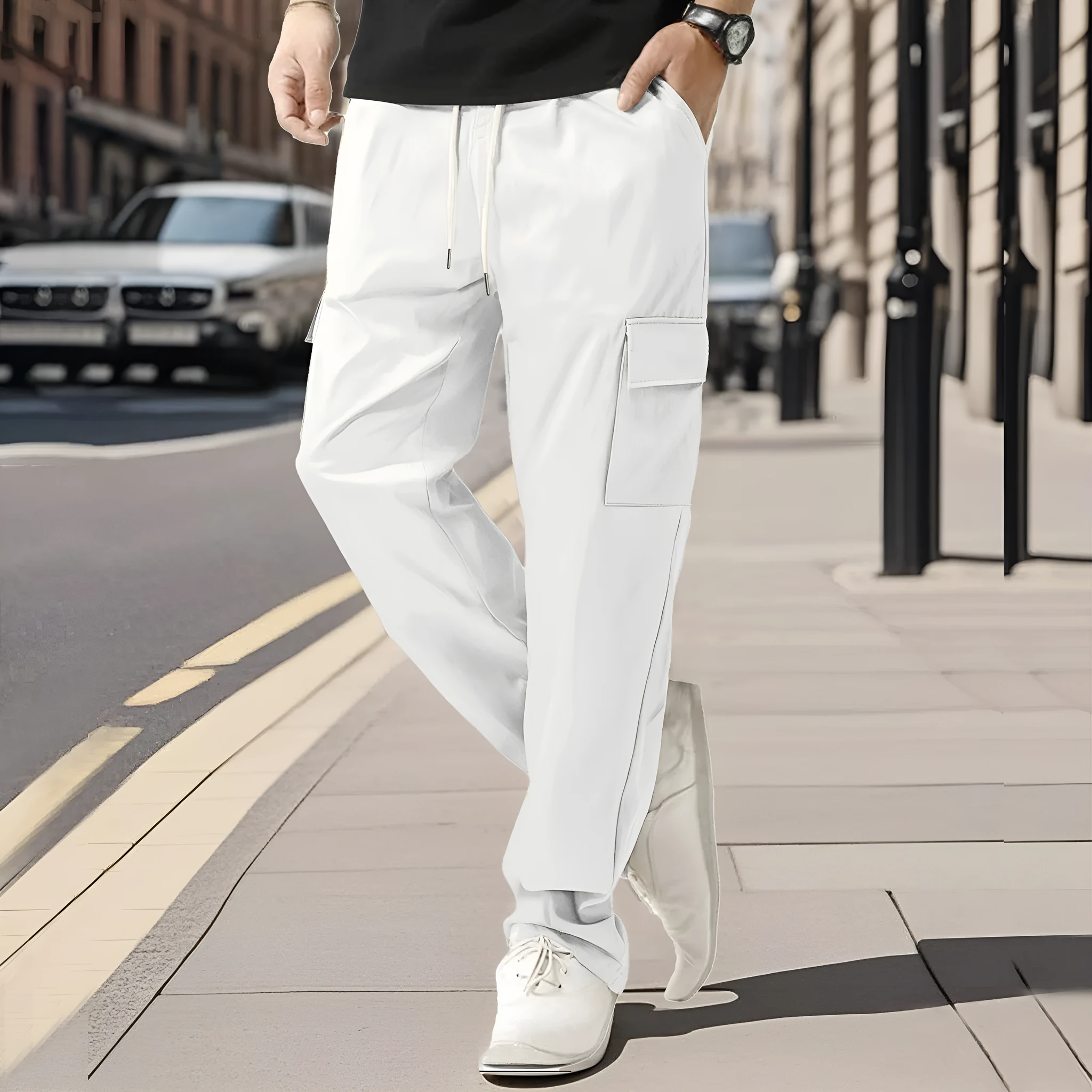 Men's loose straight leg cargo trousers in solid colour, quick-drying polyester blend, available in black white khaki light blue gray